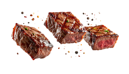 Trio of grilled, juicy beef cubes. Pepper decorates air