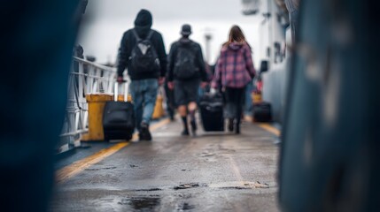 Obraz premium Three travelers with rolling suitcases and backpacks walk along a wet deck towards a ferry