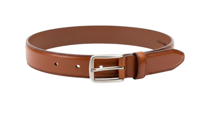 Polished brown leather accessory featuring a metallic buckle displayed against a dark background
