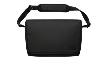 Sleek black messenger bag floats against a solid dark background