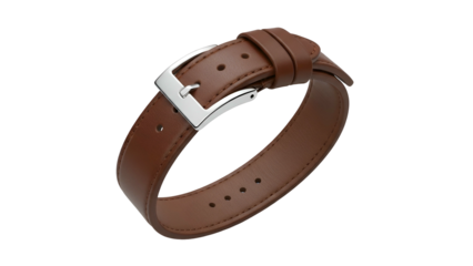 Close up view of a leather watch strap featuring a polished metal buckle against a dark background