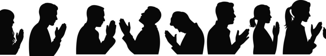 Flat vector silhouette illustration of people in prayer and supplication poses, spiritual gesture, devotion, faith, contemplation, unity, reverence, emotion