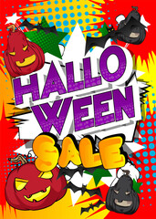 Modern creative pop art vibrant comic book style Halloween Sale text with pumpkin. Cartoon design.