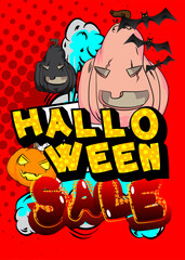 Modern creative pop art vibrant comic book style Halloween Sale text with pumpkin. Cartoon design.
