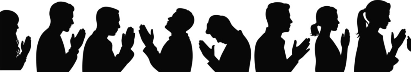 Flat vector silhouette illustration of people in prayer postures, spiritual gesture, devotion, faith, reflection, unity, worship, contemplation, emotion