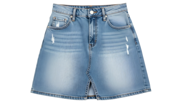 Light wash denim mini skirt featuring distressed details and a front vent