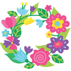 Colorful Spring Flower Wreath with Pink Yellow Blue and Purple Blooms and Green Leaves on Transparent Background