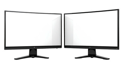 Two monitors stand side-by-side with white screens