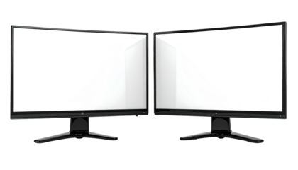 Two monitors stand side-by-side with white screens