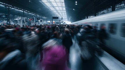 A crowded train station platform captured with motion blur showing people rushing past a moving train