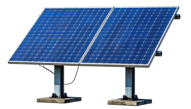 Dual solar panels mounted atop short concrete pedestals