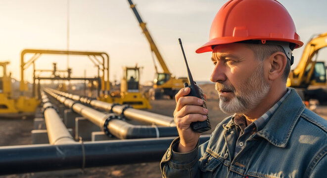 Focused oil & gas industry worker uses radio at pipeline construction site. Ideal for energy infrastructure, industrial safety, resource management & construction projects.