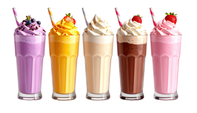 Colorful milkshakes lined up, whipped cream, straws, and toppings