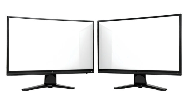 Two monitors stand side-by-side with white screens