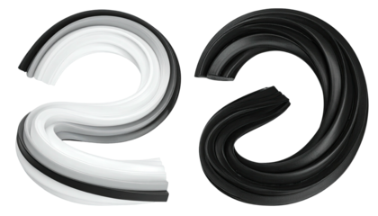 Two twisted rings, one white and one black, side by side