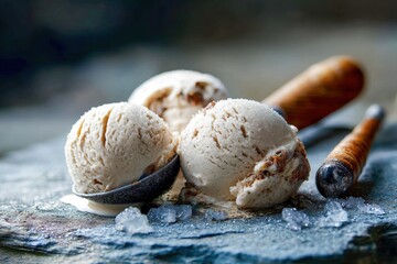Fototapeta premium Ice cream balls in rustic setting with moody light