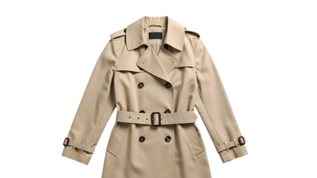 Double breasted beige outerwear garment displayed flat against a dark background