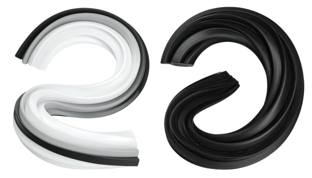 Two twisted rings, one white and one black, side by side