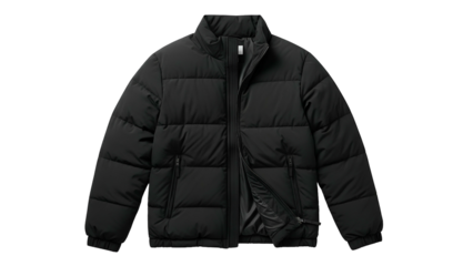 Puffy insulated outerwear garment presents a quilted texture against a dark background