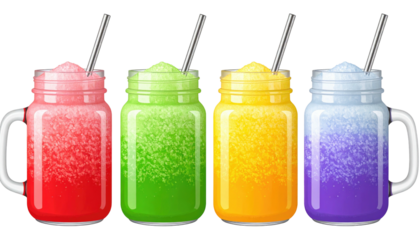 Colorful shaved ice drinks in jars, each with a straw