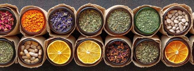 Various dried herbs, flowers, and vitamins in jars