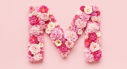 Floral letter M made of colorful spring flowers on pastel pink background — isolated decorative alphabet for design, typography, and floral branding concepts
