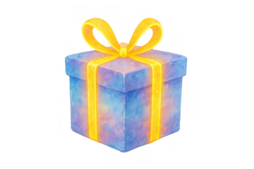 Present box with a vibrant gradient watercolor texture, tied with a bright golden yellow ribbon, on a transparent background