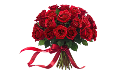 Roses bouquet with red ribbon and green leaves