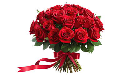 Lush bouquet of red roses, tied with matching satin ribbon