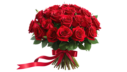 Lush bouquet of red roses, tied with matching satin ribbon