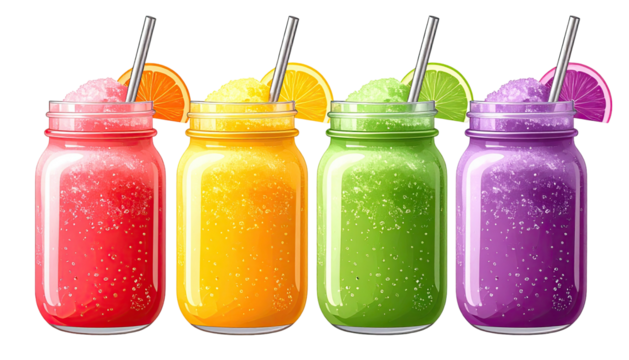 Four bright frozen drinks in mason jars with fruit slices