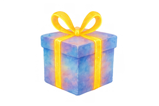 Present box with a vibrant gradient watercolor texture, tied with a bright golden yellow ribbon, on a transparent background