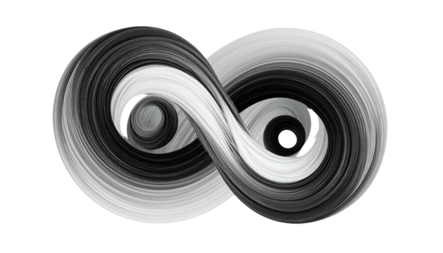 Black-and-white infinity shape, smooth curves against black