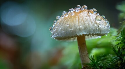 Close-Up of a Delicate Mushroom with Glistening Water Droplets on Cap Surrounded by Lush Greenery and Soft Bokeh Background in a Forest Setting