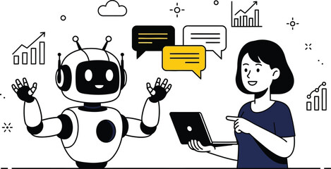 Ai chatbot assistant helping woman with laptop business automation