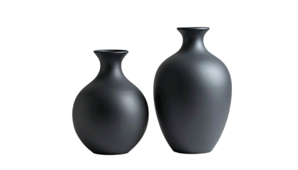 Two matte grey vases with narrow necks against a black background