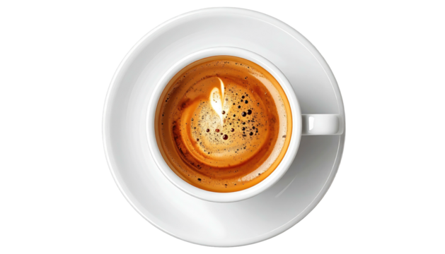 Espresso's creamy crema swirl in a white cup on saucer, overhead