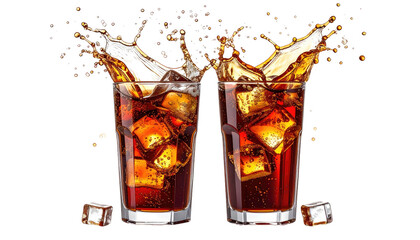 Two cola-filled glasses splash, revealing ice