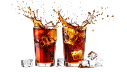 Two cola drinks splashing with ice, on a black background