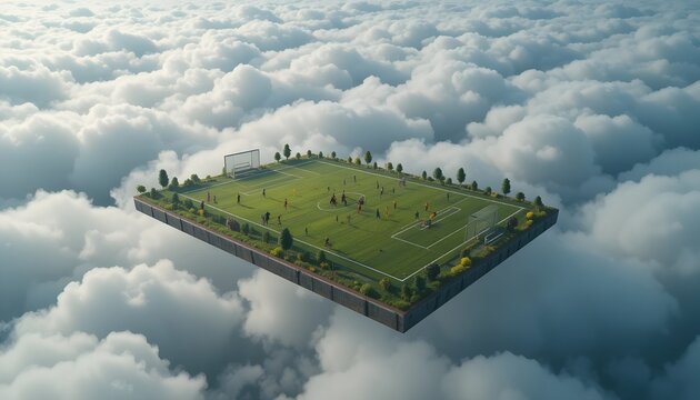 "Floating soccer field above the clouds, surrounded by drones capturing the game in real-time."
