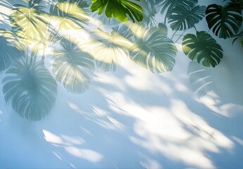 Monstera leaves cast patterned light on white wall surface