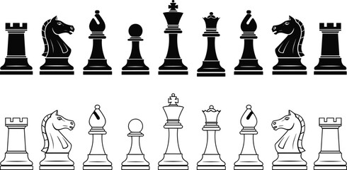 Chess piece silhouette vector, black and white strategy illustration, stylized game design elements, cad drawing flat vector illustration © Noman Art