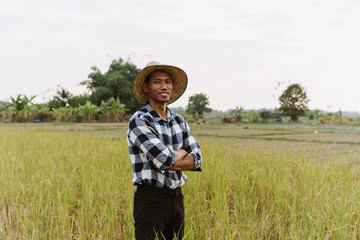 Smiling asian farmer wearing a straw hat and plaid shirt, standing confidently in a green rice...