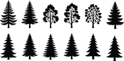 Tree silhouette vector, coniferous and deciduous illustration, forest foliage design elements, nature graphic art, cad drawing flat vector illustration © Noman Art