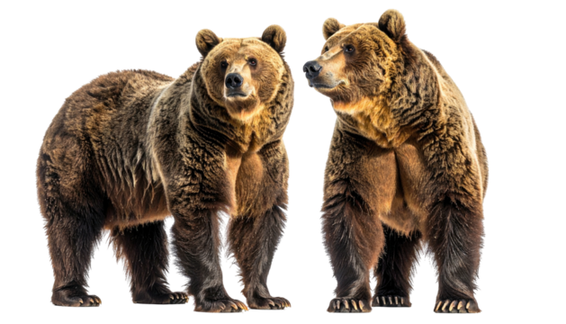 Two brown bears, standing side-by-side, alert and watchful