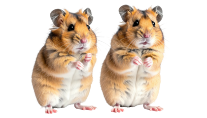 Two hamsters, brown and tan, standing upright on a black background