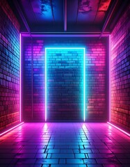 Neon lit brick hallway with a bright rectangular doorway