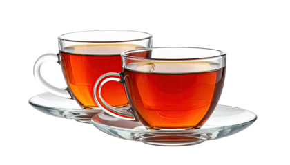 Two glass cups of tea, each resting on a matching saucer