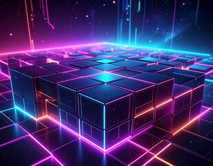 Neon lit cubes floating in a futuristic digital grid background