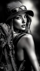 Obraz premium Woman with a backpack and a hat on. She is wearing glasses and has a smile on her face